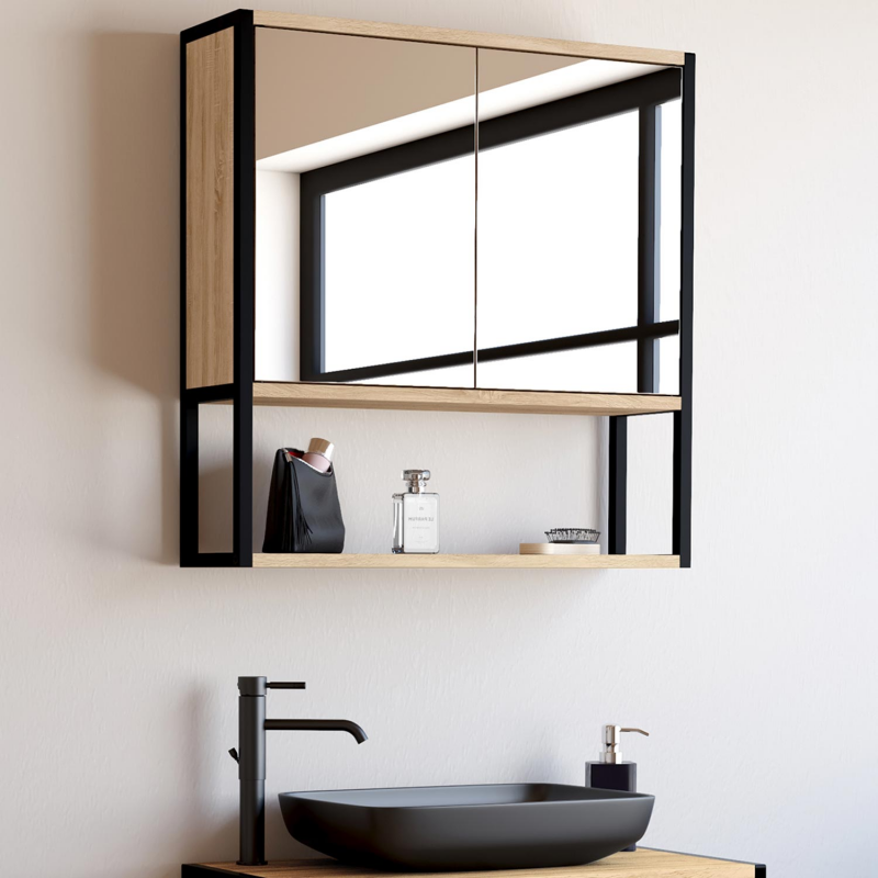 Meuble salle de bain suspendu métal et bois avec miroir - DETROIT