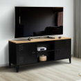 Meuble TV 113 cm ESTER 2 portes métal noir et plateau bois design industriel 