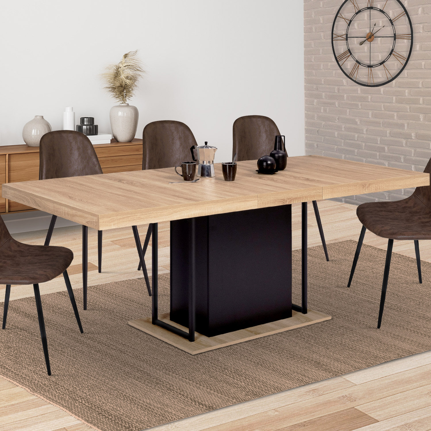 Table pied central extensible noir et bois façon hêtre
