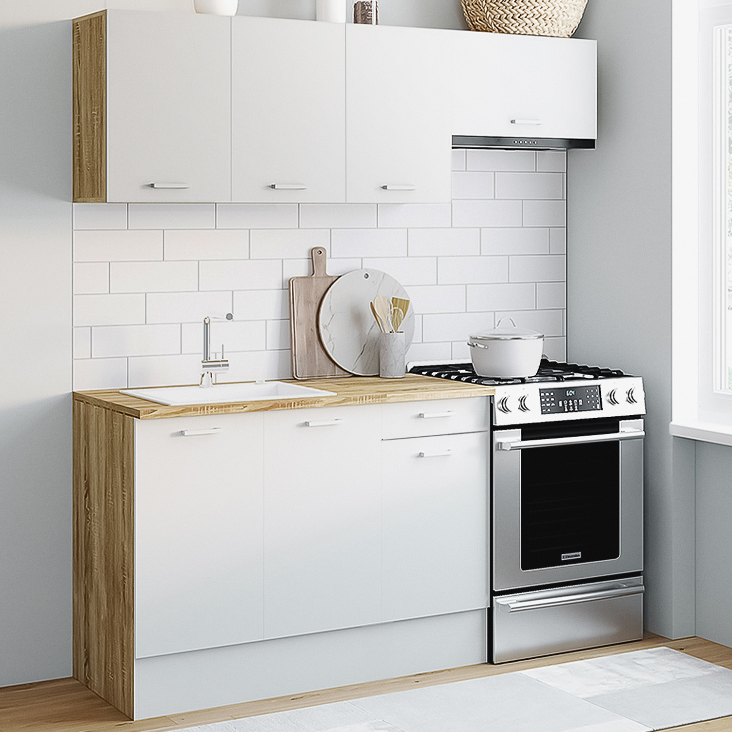 Cuisine complète 180 cm avec plan de travail bois et blanc