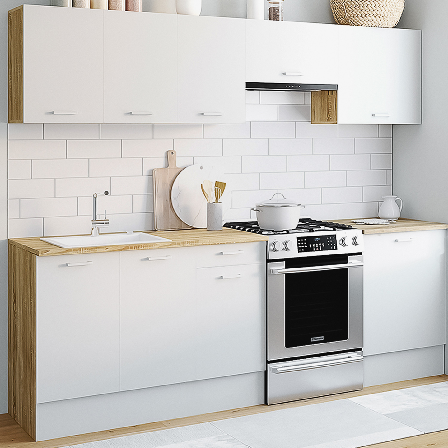 Cocina Completa Con Muebles Y Encimera Cocina IDMarket 180cm Blanca - 5  Módulos Con Encimera Y Efecto Hormigón Mueble Cocina, image size:1440x1440