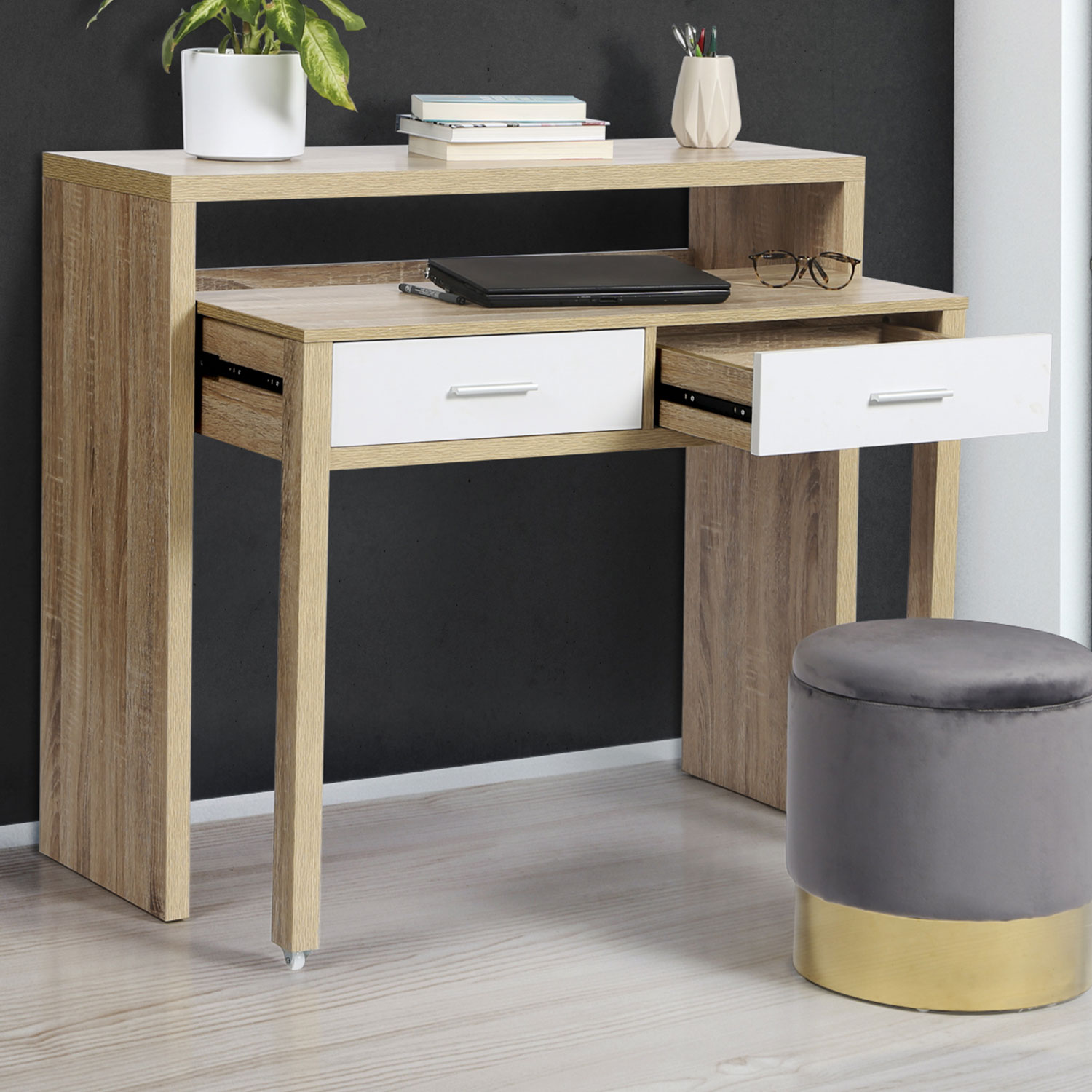 Console bureau extensible blanc et imitation hêtre