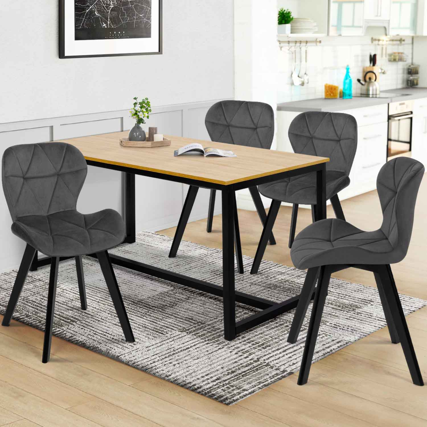 Lot De 4 Chaises De Salle à Manger Design Bordeaux - Pieds Métal Noir, Microfibre