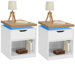 15727 - Comodini a LED con cassetto bianco e piano effetto legno Lot de 2 tables de chevet LEDS avec 1 tiroir + 1 niche