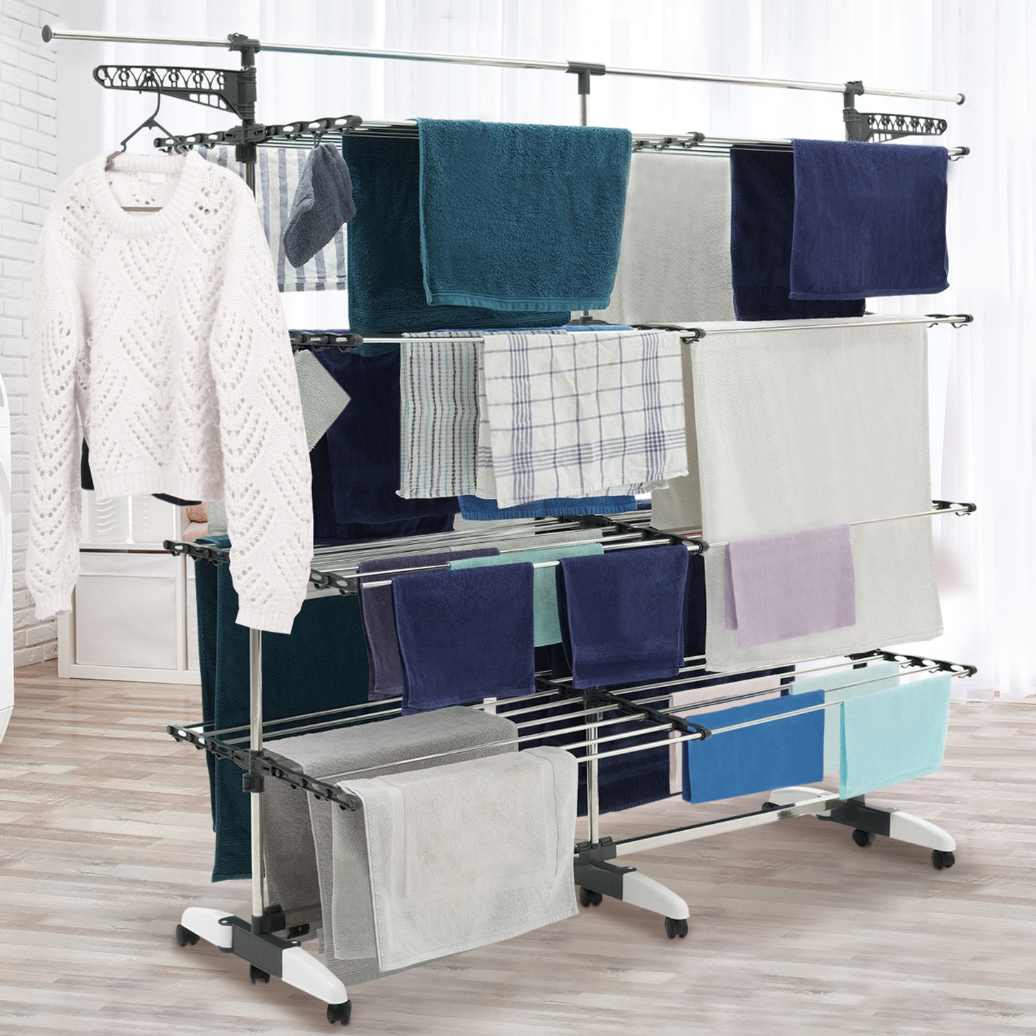 Étendoir à linge XXL 60 m sur 4 niveaux avec barre télescopique