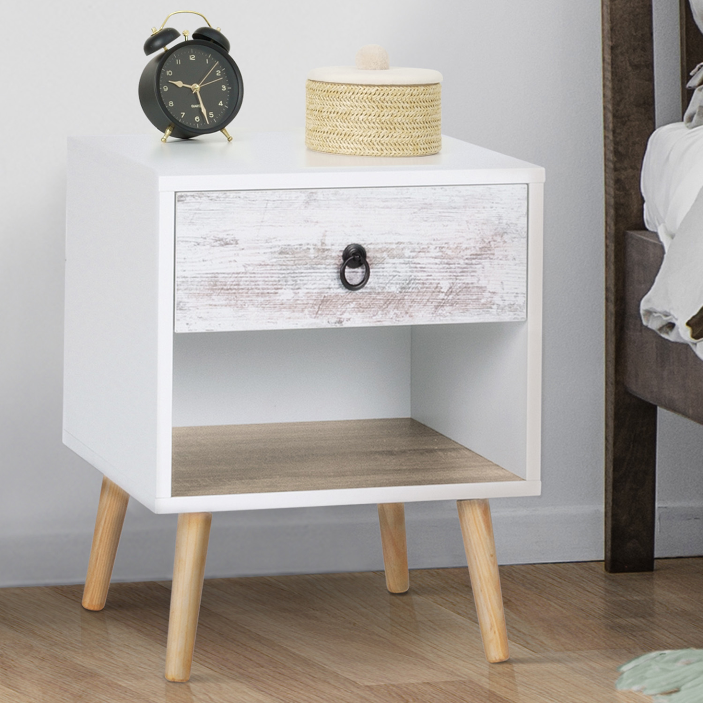 2 Tables De Chevet SOFIA Forme S - Rangement Ouvert Style Hêtre Et Blanc