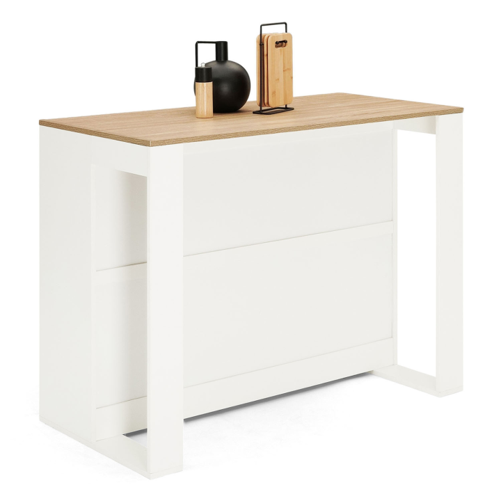 Table de bar îlot JUNO bois blanc et plateau façon hêtre Table de bar îlot JUNO bois blanc et plateau façon hêtre