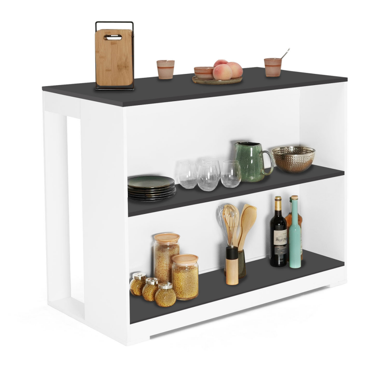Table De Bar Îlot Juno - Bois Blanc Et Plateau Gris - 113x60x90cm - Avec Étagères De Rangement