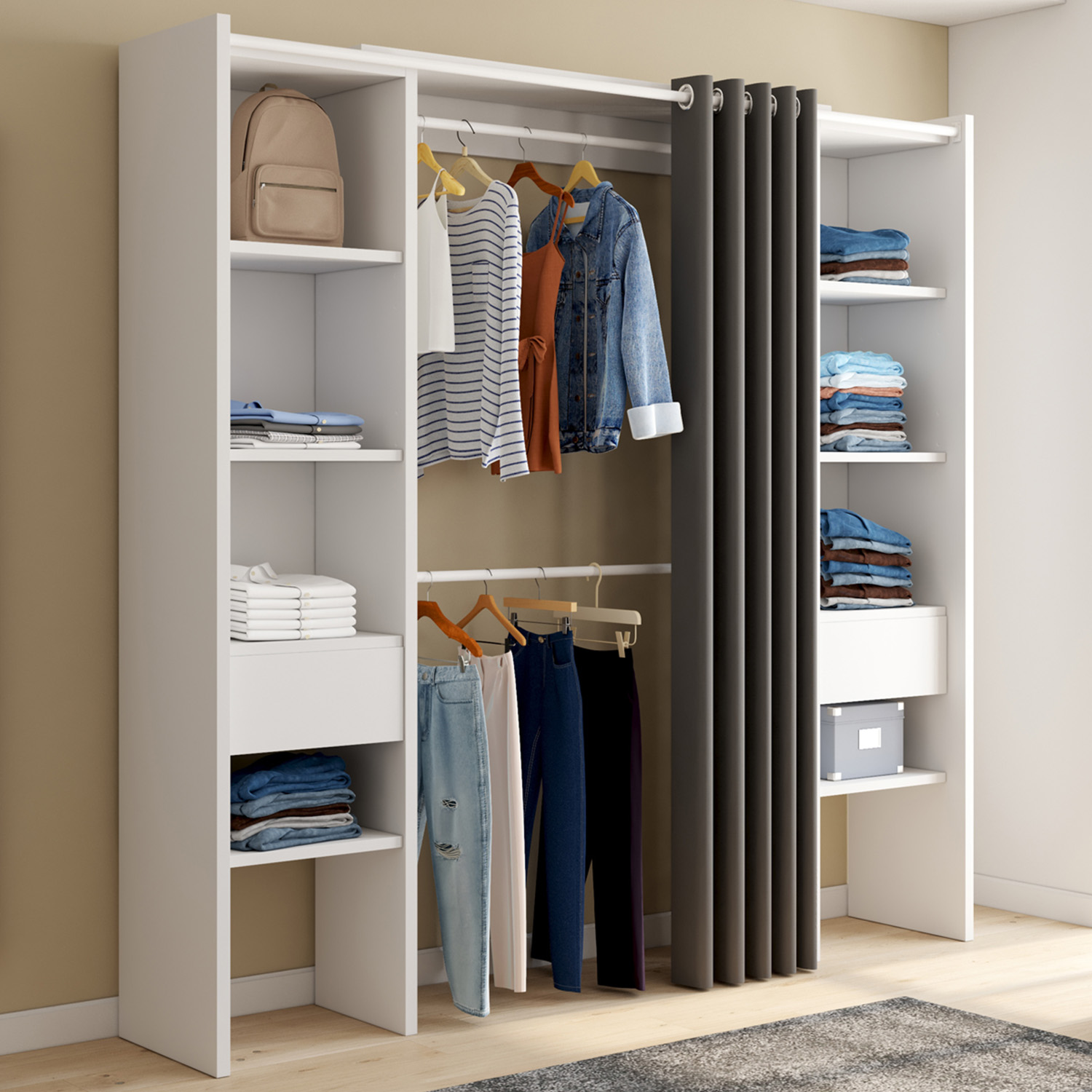 Dressing extensible blanc avec rideau gris MERYL ID Market