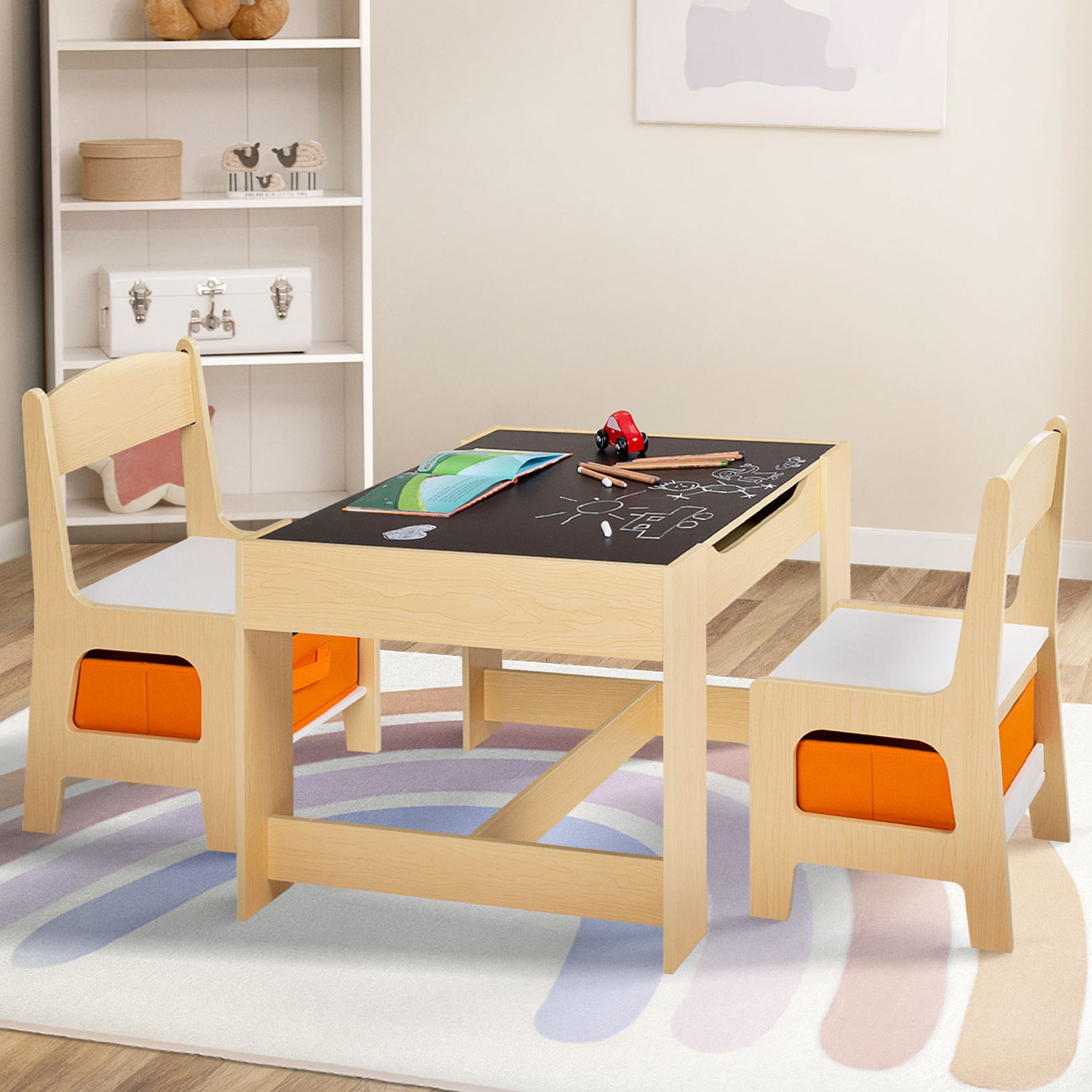 Table à dessin réversible pour enfant avec 2 chaises et bacs de rangement
