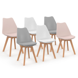 15467 - Sedie scandinave in rosa pastello, grigio e bianco con cuscini Lot de 6 chaises SARA mix color pastel rose x2, gris clair x2 et blanc x2