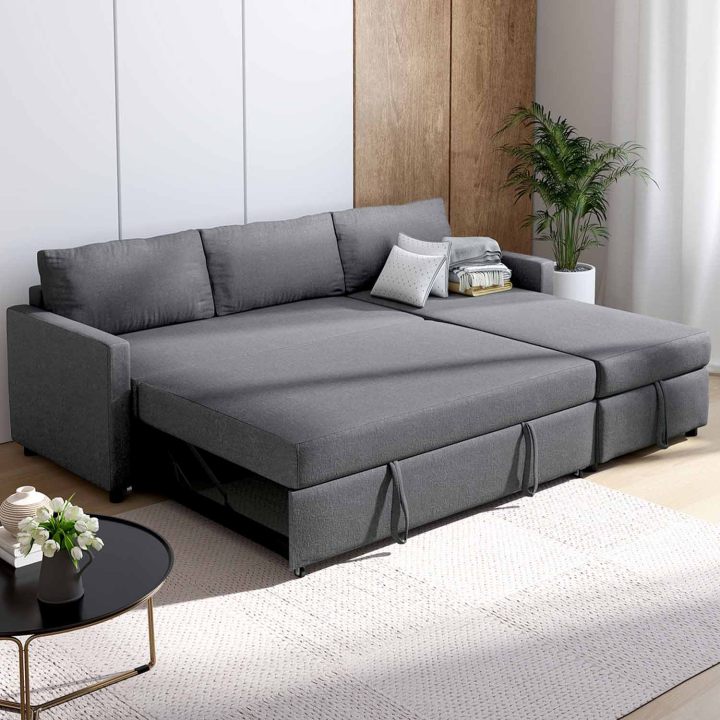 Canapé d'angle convertible NOAH avec méridienne coffre en tissu gris anthracite Canapé d'angle convertible NOAH avec méridienne coffre en tissu gris anthracite