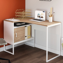 15671 - Scrivania angolare industriale in metallo bianco e legno effetto faggio Bureau d'angle ROB blanc et façon hêtre design industriel