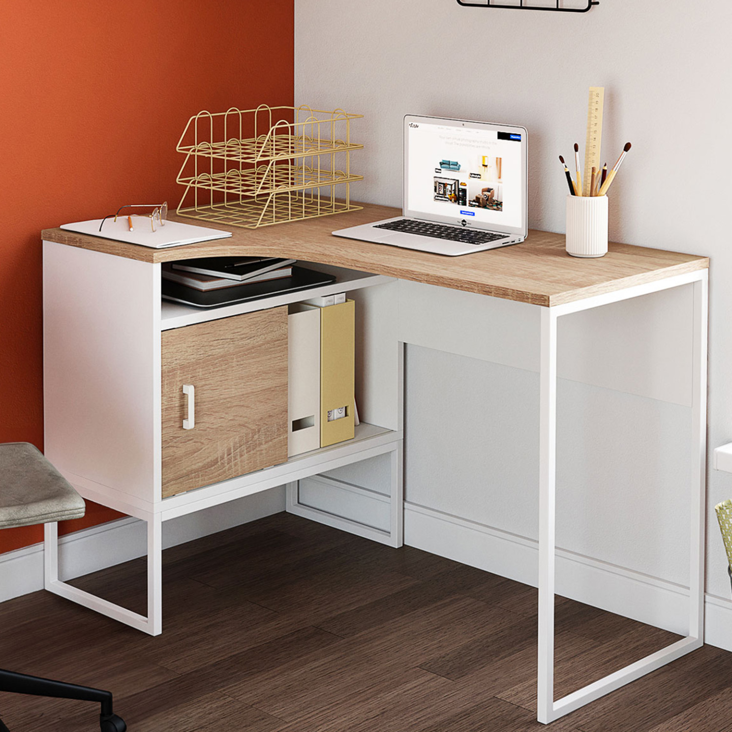 Bureau Avec Étagères DAN – 100 Cm – Blanc & Hêtre – Coin Travail Moderne & Rangement Optimisé