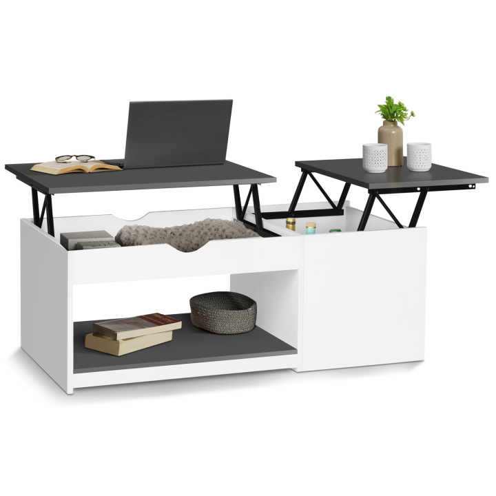 Table basse 2 plateaux relevables EYLA avec coffre bois blanc et gris Table basse 2 plateaux relevables EYLA avec coffre bois blanc et gris