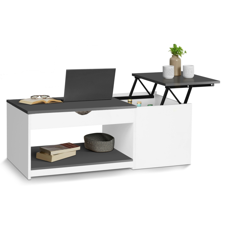 Table basse 2 plateaux relevables EYLA avec coffre bois blanc et gris Table basse 2 plateaux relevables EYLA avec coffre bois blanc et gris