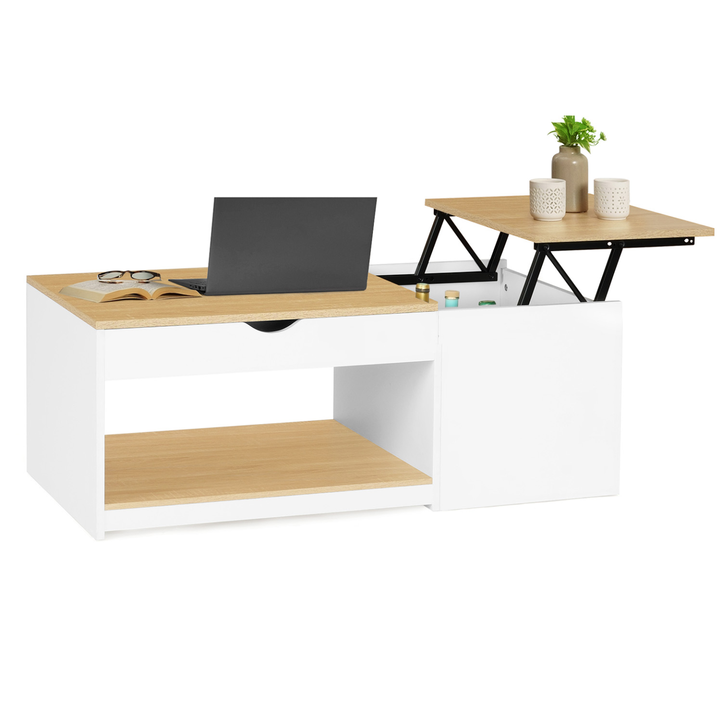 Table Basse 2 Plateaux Relevables EYLA 110x55x42cm - Bois Noir Et Hêtre - Coffre De Rangement - Style Moderne