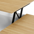 Table basse 2 plateaux relevables EYLA avec coffre bois blanc et façon hêtre