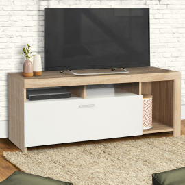 Meuble TV 110 cm MALO bois et placard blanc