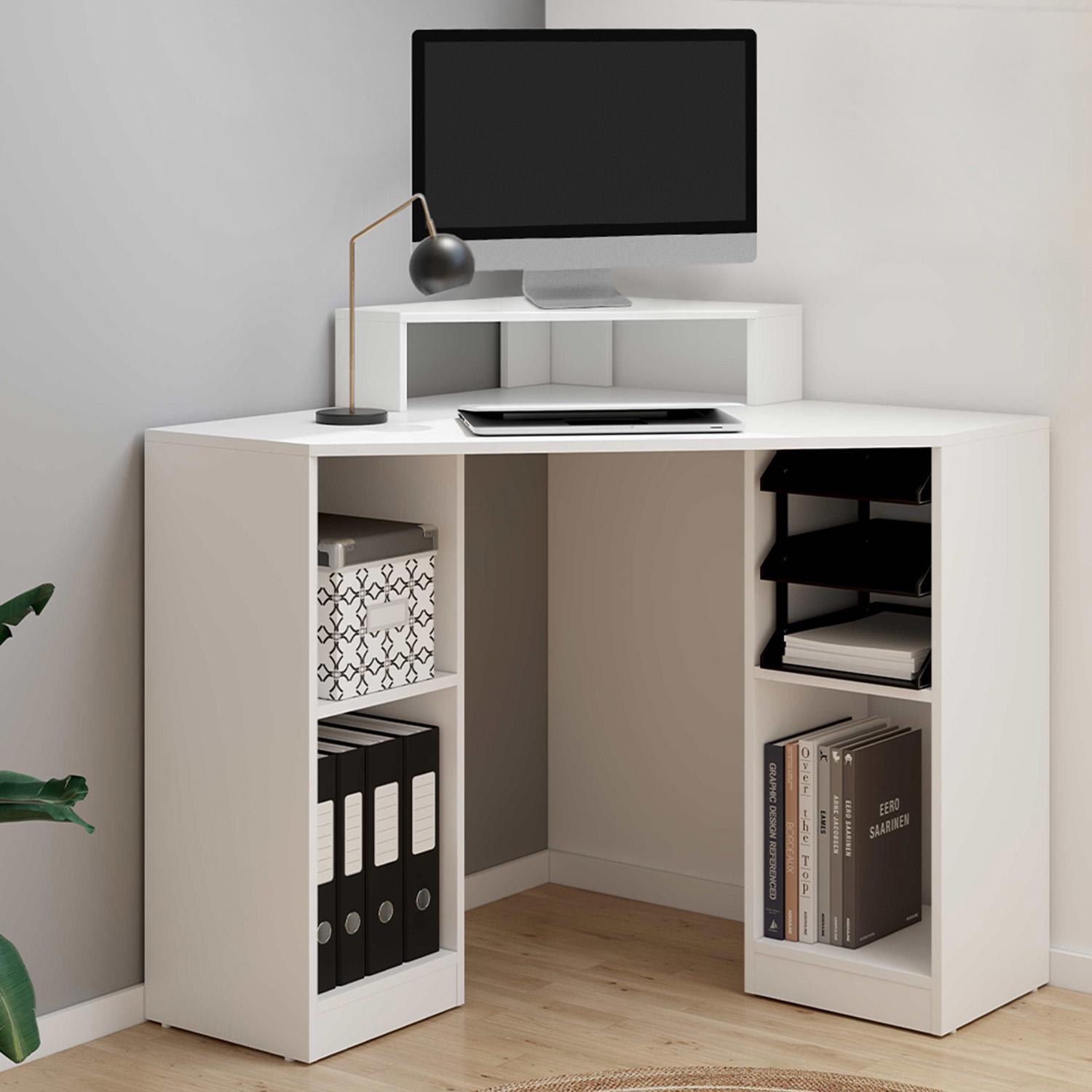 Bureau d’angle blanc avec rangement