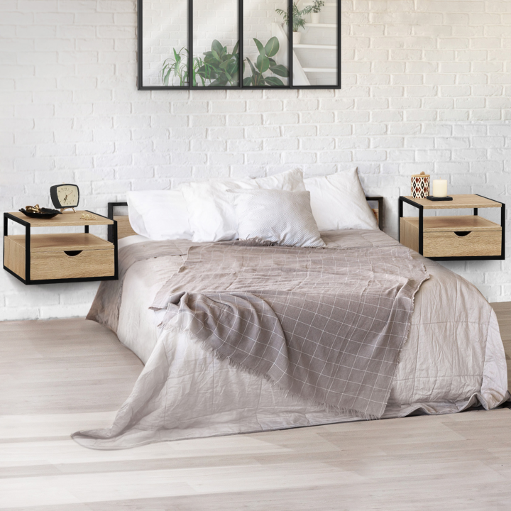 Lot de 2 tables de chevet suspendu DETROIT 1 tiroir + 1 tablette design industriel Lot de 2 tables de chevet suspendu DETROIT 1 tiroir + 1 tablette design industriel