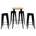 Table haute de bar LENNY carré 60 cm noir plateau bois et 4 tabourets de bar métal noir mat empilables