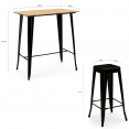 Table haute de bar LENNY 100 cm noir plateau bois et 4 tabourets de bar métal noir mat empilables