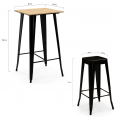 Table haute de bar LENNY carré 60 cm noir plateau bois et 4 tabourets de bar métal noir mat empilables