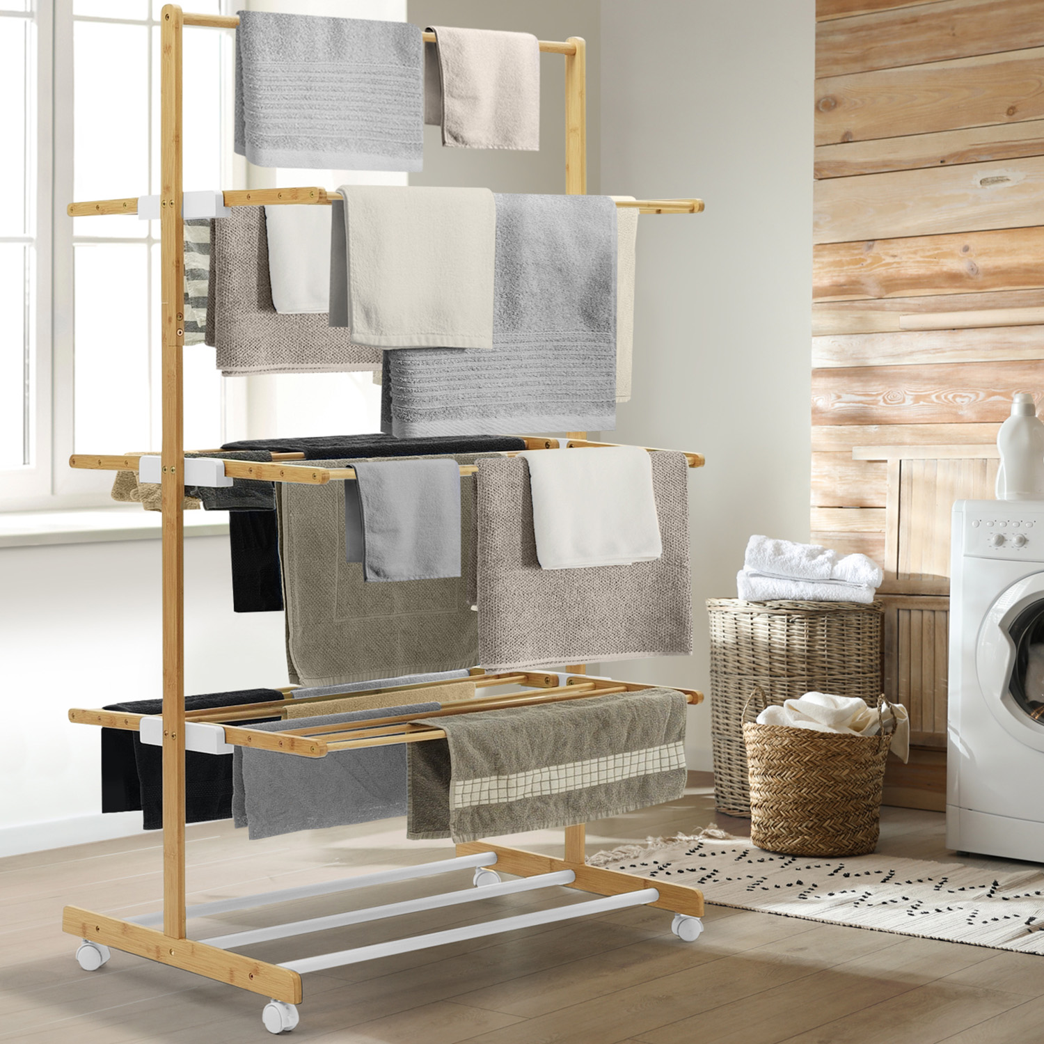 Étendoir à linge 3 niveaux en bambou