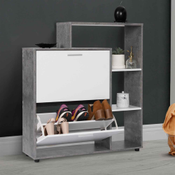 15887 - Mueble zapatero blanco de 2 puertas efecto hormigón con estante Meuble à chaussures KLARK effet béton 2 portes blanches avec étagère