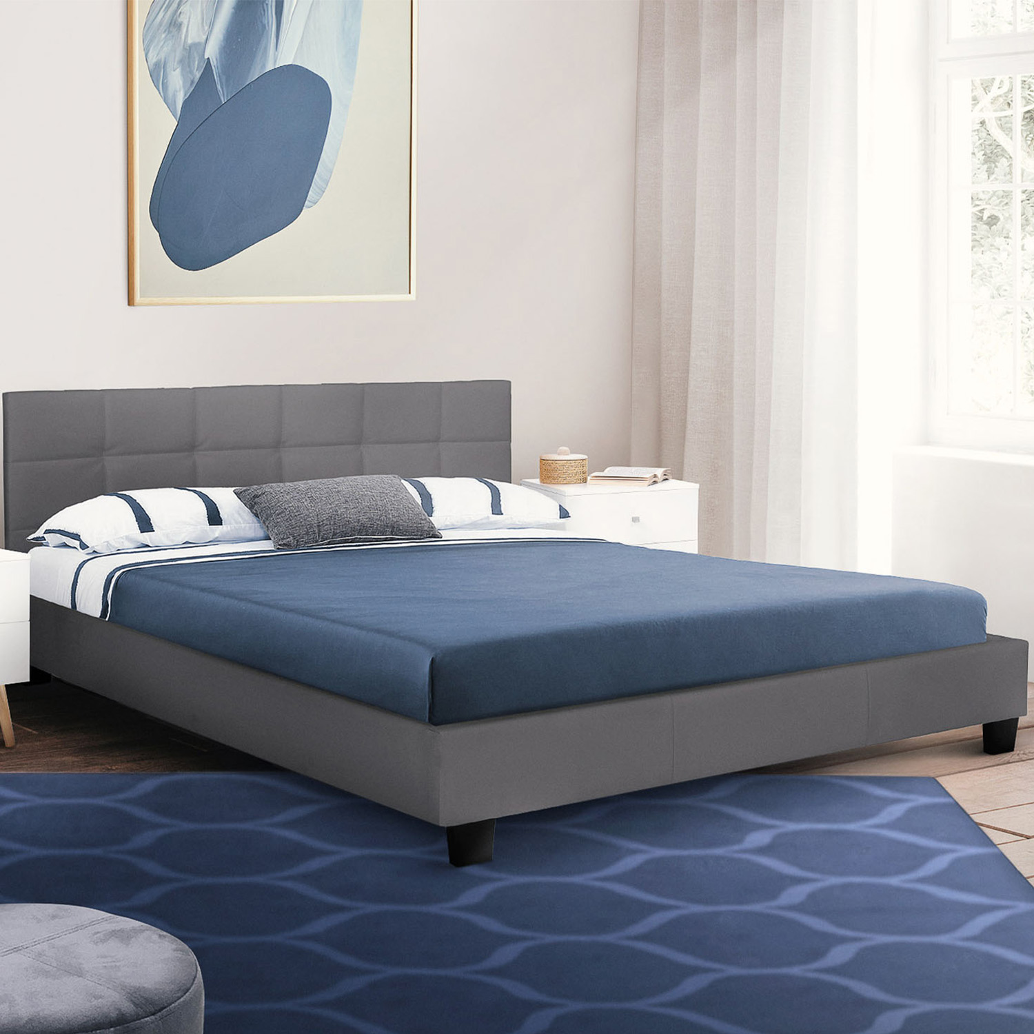 Lit double gris anthracite 140x190 cm avec tête de lit
