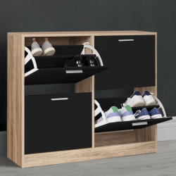 15909 - Mueble zapatero horizontal de 4 puertas en madera y negro Meuble à chaussures KLARK 4 abattants imitation hêtre et portes noires