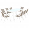 Salon de jardin MADRID table 190 cm et 8 chaises empilables blanc et beige
