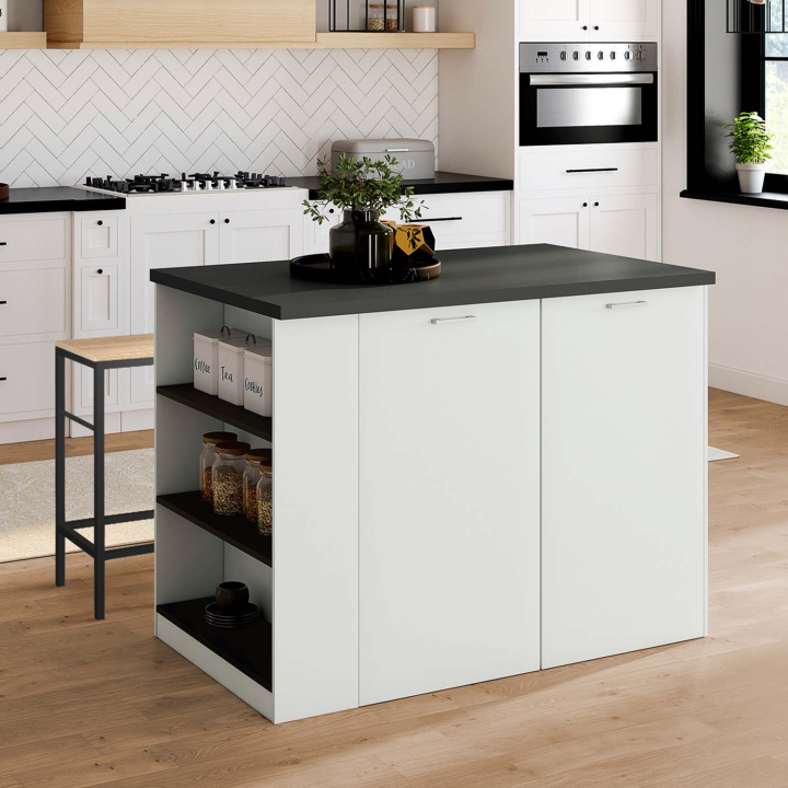 Ilot central TIBO 120 cm bois blanc avec plan de travail gris anthracite Ilot central TIBO 120 cm bois blanc avec plan de travail gris anthracite