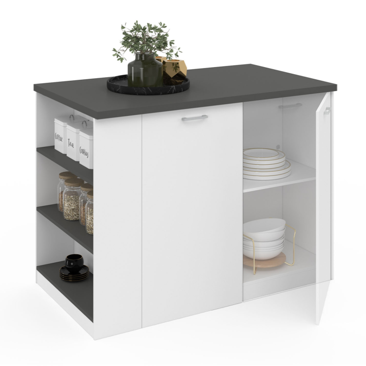 Ilot central TIBO 120 cm bois blanc avec plan de travail gris anthracite Ilot central TIBO 120 cm bois blanc avec plan de travail gris anthracite