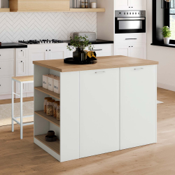 15974 - Isola centrale in bianco e legno con piano di lavoro effetto faggio Ilot central TIBO 120 cm bois blanc avec plan de travail façon hêtre