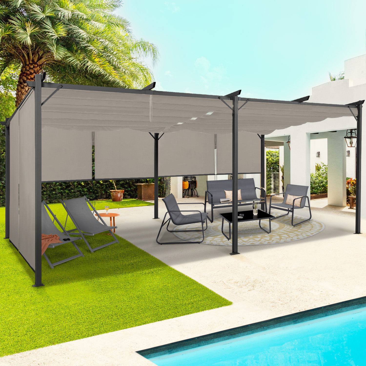 Pergola au toit rétractable avec 6 stores coloris taupe