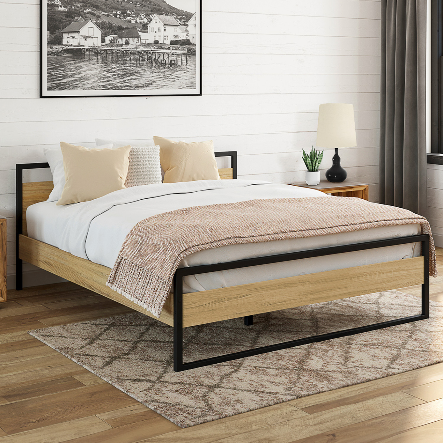 Cadre De Lit Double FetiNes 140x190cm - Métal Avec Sommier - Noir - Pour Adultes Et Adolescents