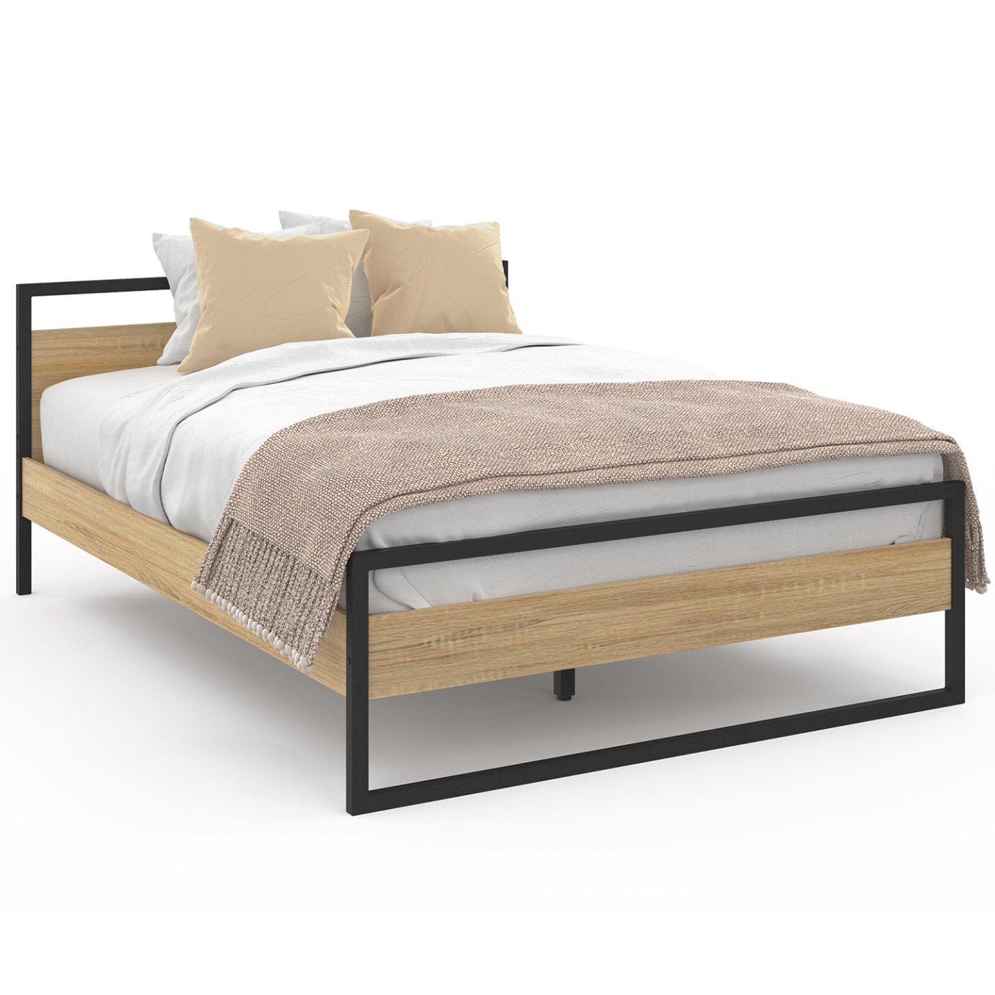 Cama Matrimonial Flotante 140x190 Cm Con Luces LED RGB - Marco De Metal Y Listones De Madera, Gris, Fácil Montaje