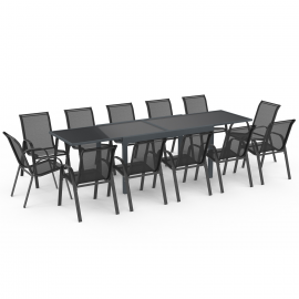 Salon de jardin MADRID table extensible plateau gris 135-270 CM et 12 chaises empilables gris anthracite