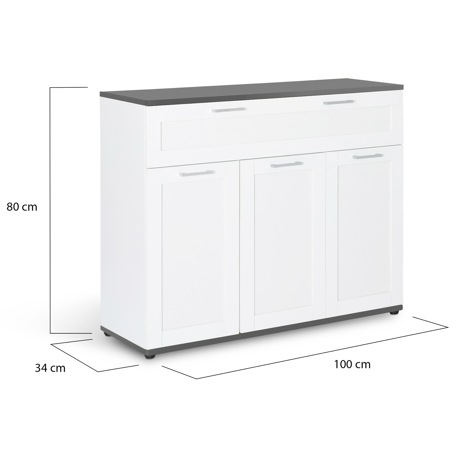 Buffet 100 Cm VITO 3 Portes Et 1 Tiroir - Blanc Plateau Bois - Meuble Rangement Salon