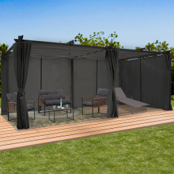 15809 - Pergola met oprolbaar dak en antracietgrijze gordijnen Pergola édition limitée toit rétractable 3x6M et 4 rideaux gris anthracite