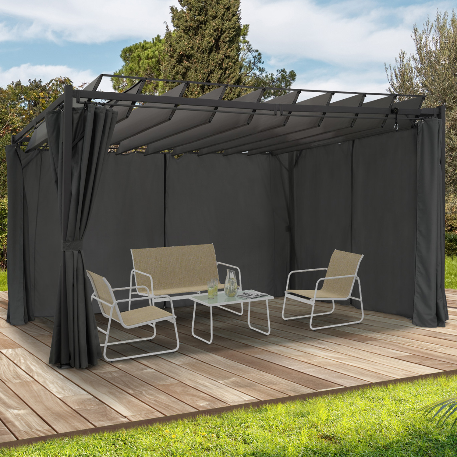 Pergola lames orientables avec 4 rideaux gris 3x4 M