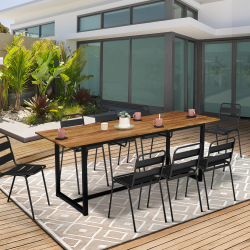 15950 - Set di mobili da giardino in acciaio nero e acacia con tavolo + 8 sedie Salon de jardin extensible SOHO 8/10 places acier + acacia table 160/200 cm et 8 chaises empilables noires design industriel