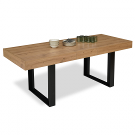 Table à manger extensible rectangle OREGON avec rangement 6-10 personnes façon chêne et noir 160-200 cm