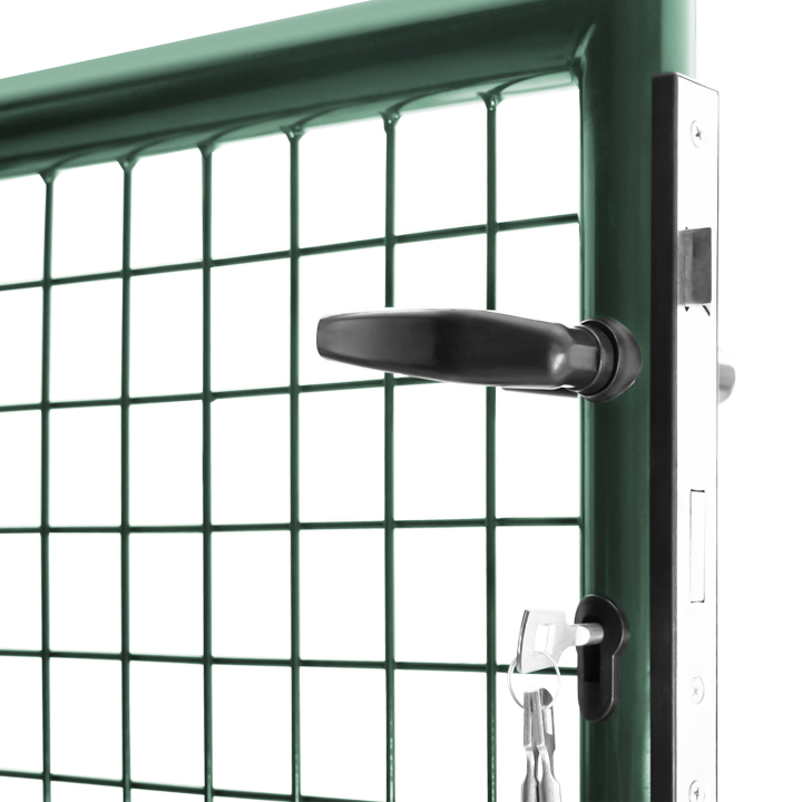 Portillon de jardin 105 x 125 cm en acier vert avec serrure et poignée Portillon de jardin 105 x 125 cm en acier vert avec serrure et poignée
