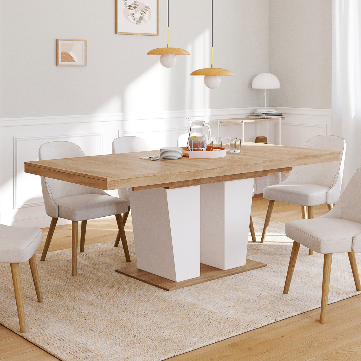 Table à manger extensible avec pied central bois et blanc