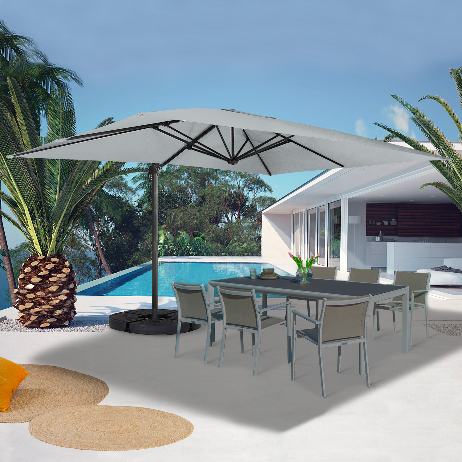 Parasol déporté 3x4 m rotatif 360 gris clair avec 4 dalles