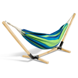 15831 - Amaca in tela a righe blu e verdi con supporto in legno Hamac avec support bois et toile rayée bleue et verte TAHITI