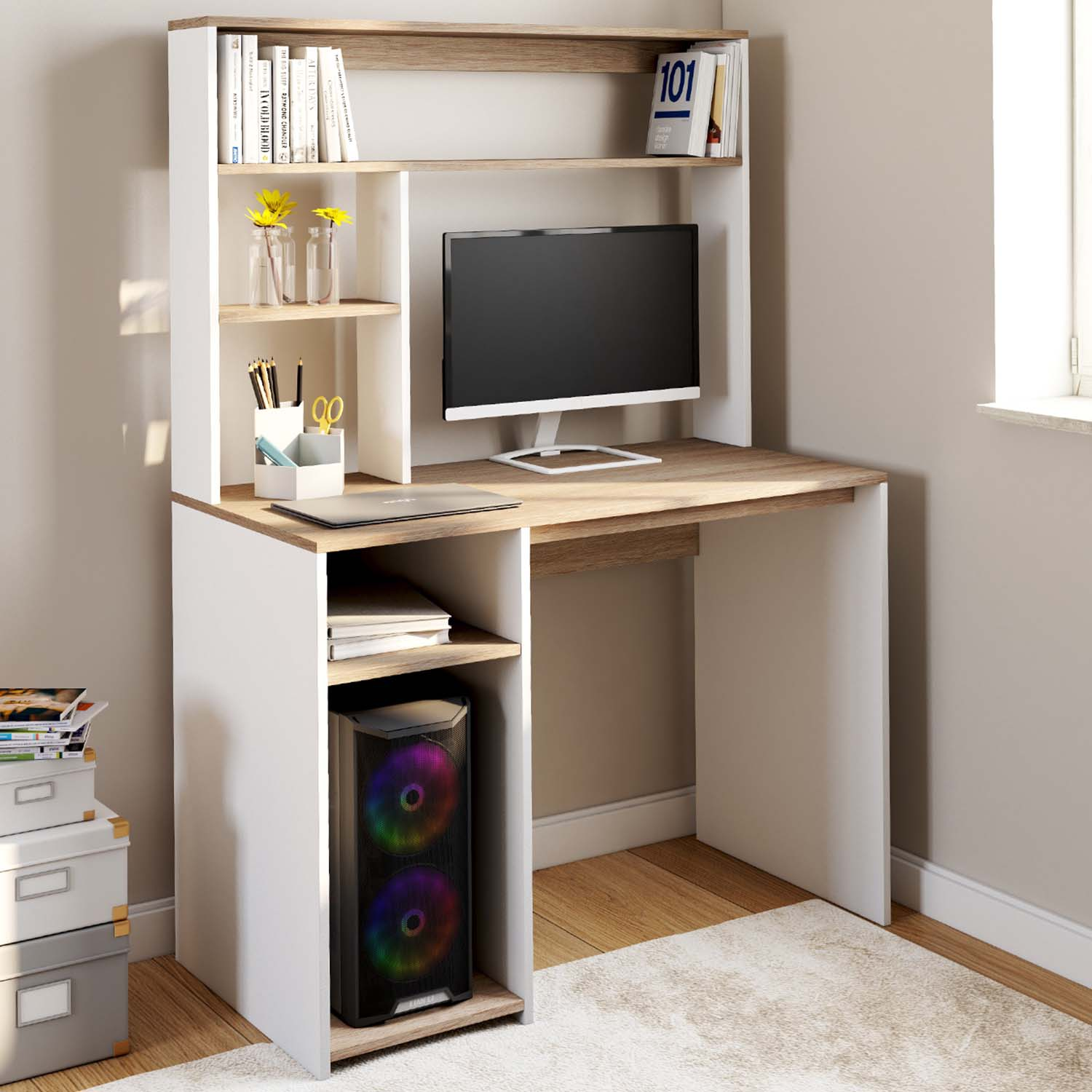 Bureau avec rangements blanc et bois façon hêtre